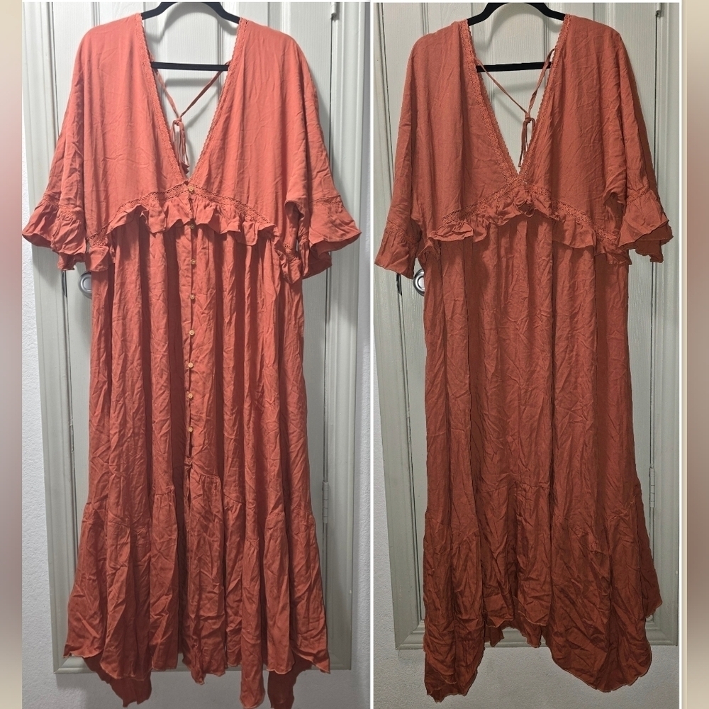 NWT Shein Boho Feels Rust Orange Romantic Boho Slouchy Flowy Fall Maxi Dress L